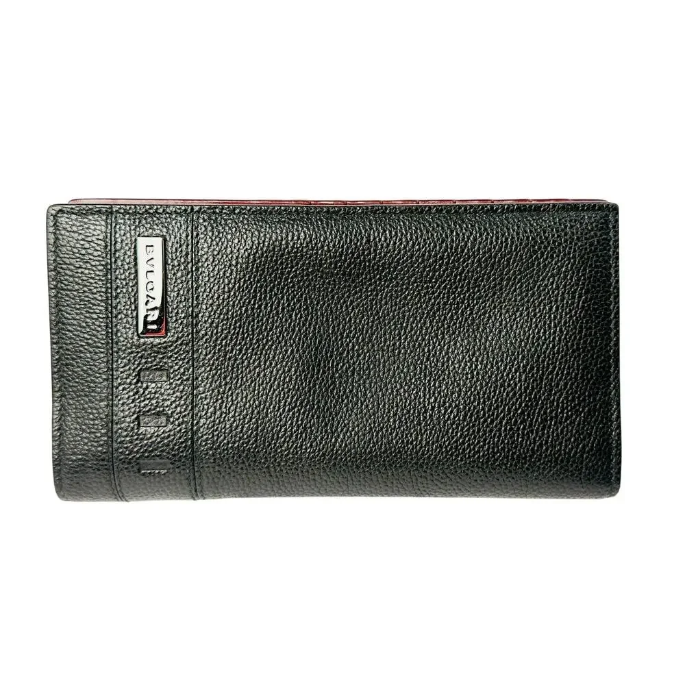 BVLGARI Black Pebbled Calfskin Leather Long Bifold Wallet Unisex‎ Metal Logo